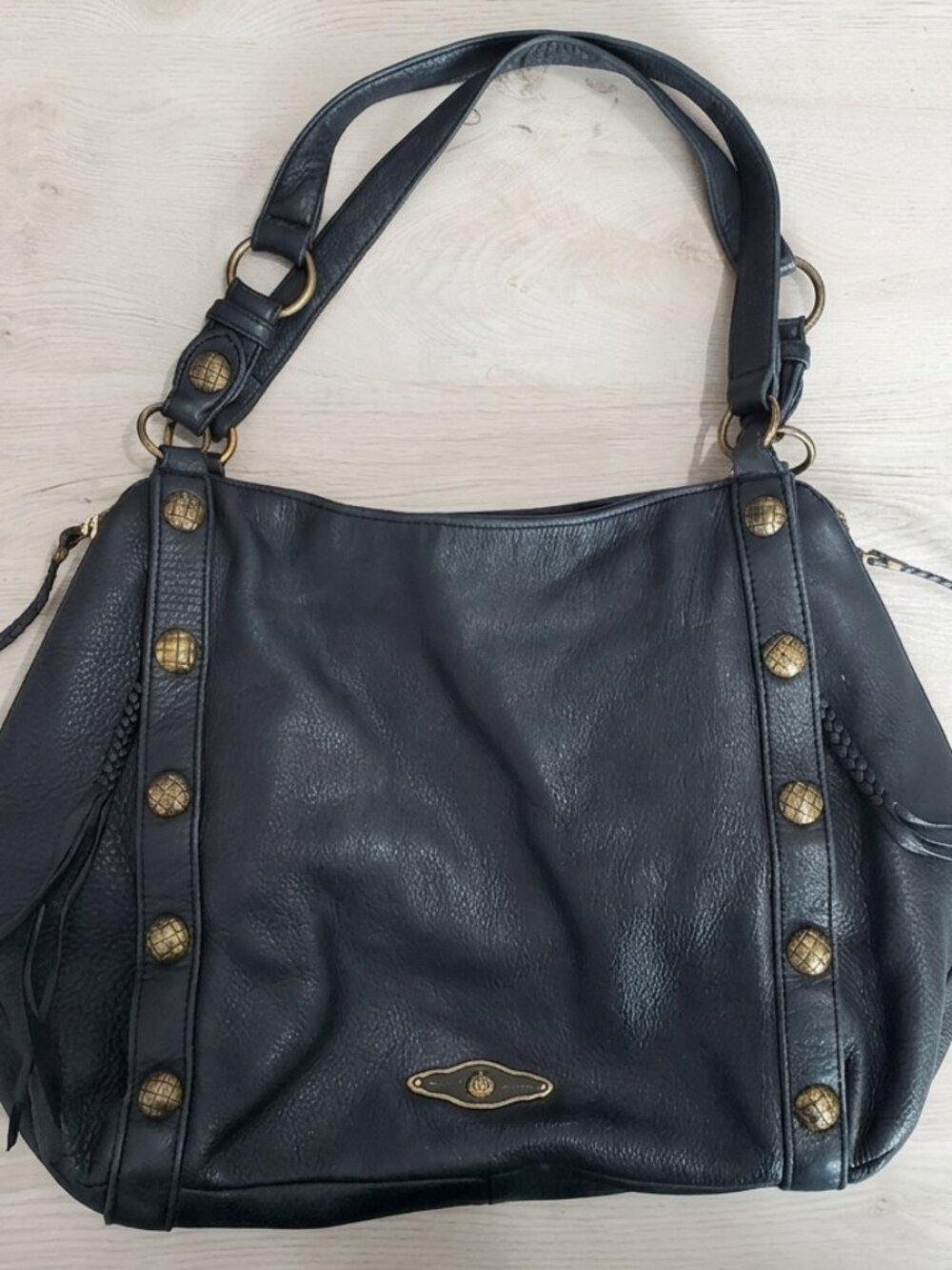 Elliott Lucca Black Genuine Leather Studded Hobo Shoulder Bag Tote – Brass Accen